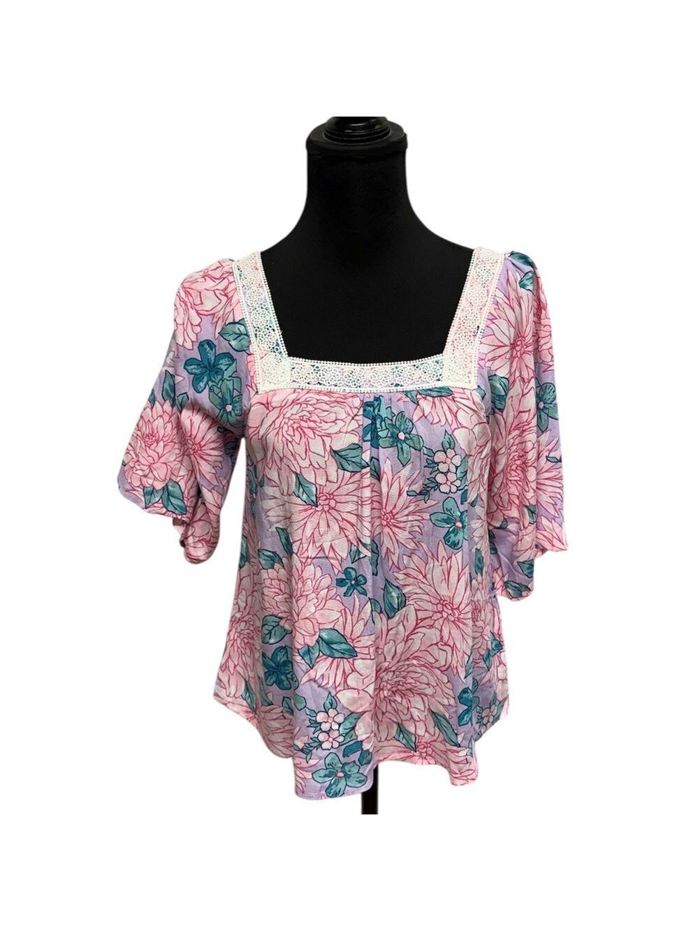 Emily Wonder Pink Puff Sleeve Blouse with Relaxed Fit Square Neckline Floral